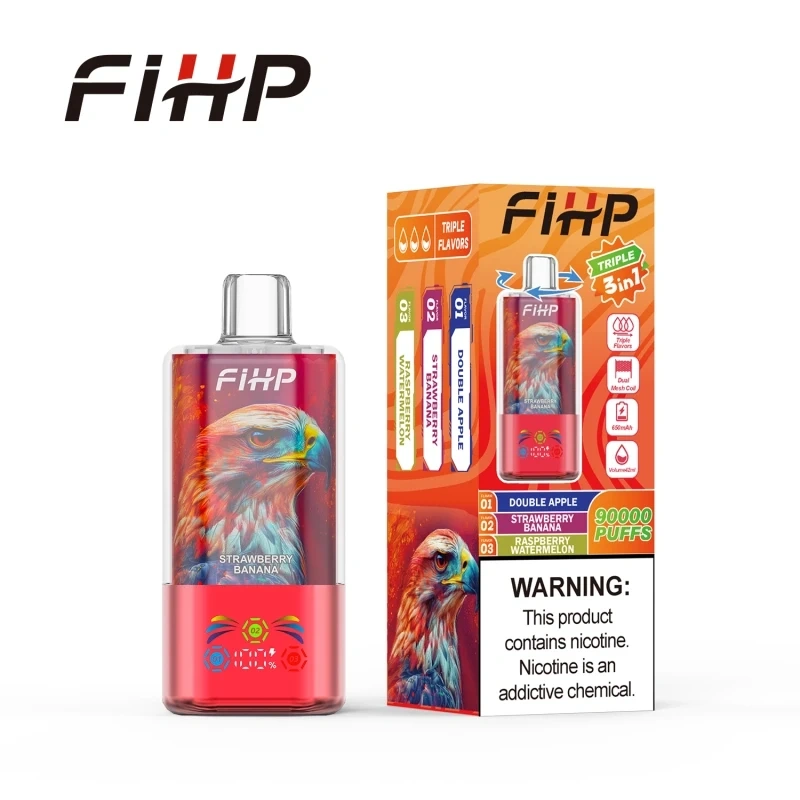FIHP 90K 3-in-1 disposable vape in Watermelon Ice Red Bull Strawberry Kiwi flavor, showing the device design and product presentation