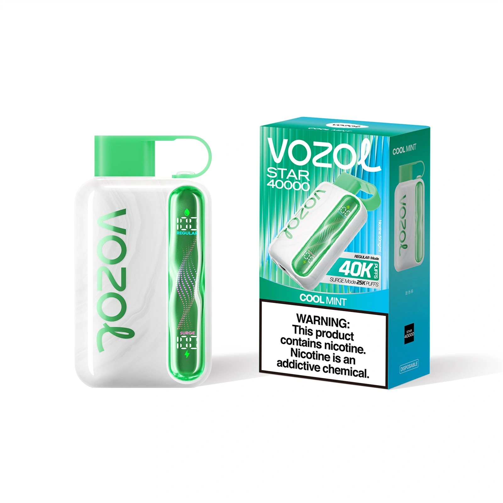Vozol Star 40K disposable vape in Cool Mint flavor, showing the device body and matching package artwork