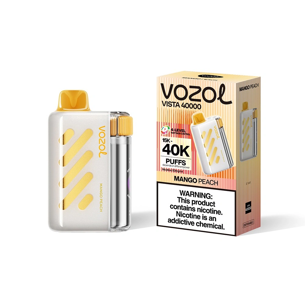 Vozol Vista 40K disposable vape in Mango Peach flavor, showing the product device and retail package design
