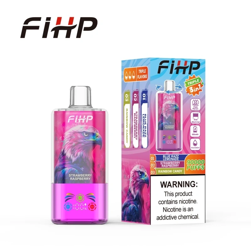 FIHP 90K 3-in-1 disposable vape in Watermelon Bubble Gum Grape Ice Cream Black Dragon flavor, showing the device design and product presentation