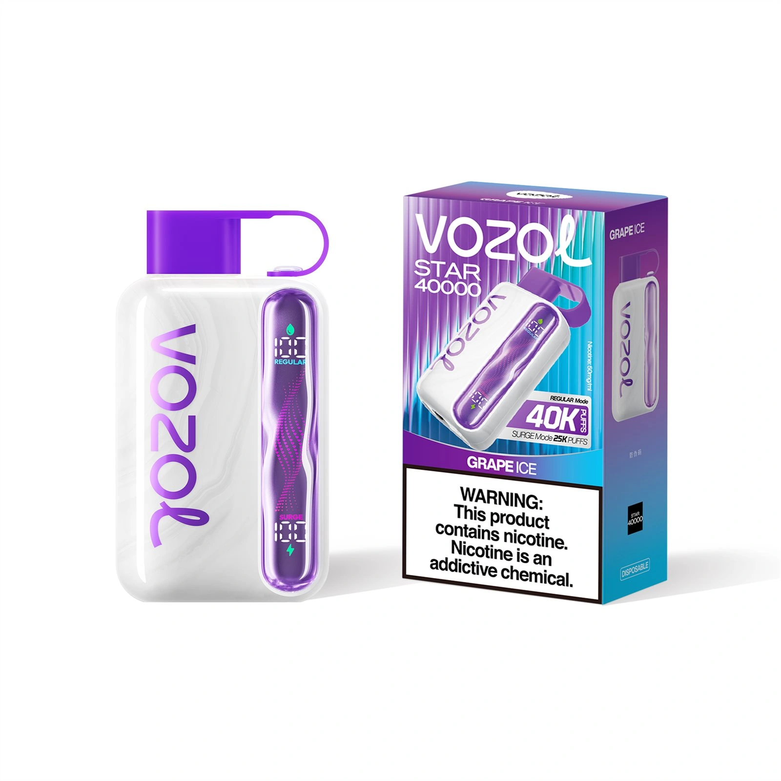 Vozol Star 40K disposable vape in Grape Ice flavor, showing the device and retail box presentation
