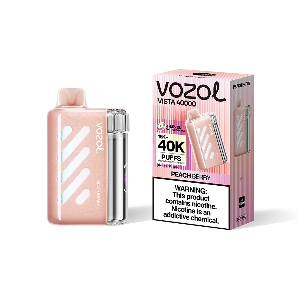 Vozol Vista 40K disposable vape in Peach Berry flavor, showing the device and box with flavor artwork
