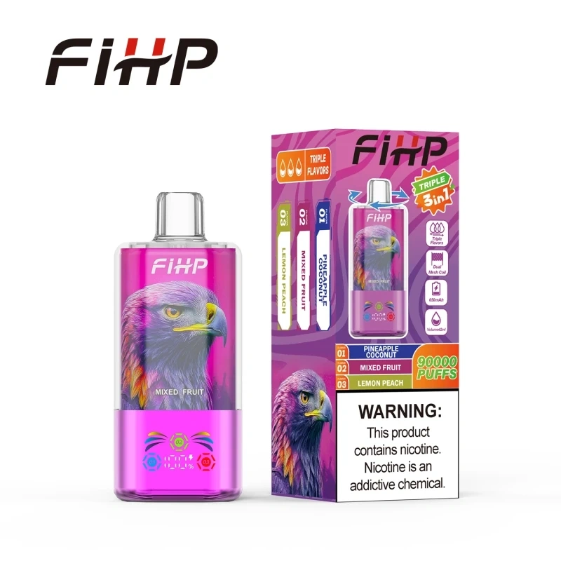 FIHP 90K 3-in-1 disposable vape in Double Apple Strawberry Banana Raspberry Watermelon flavor, showing the device design and product presentation