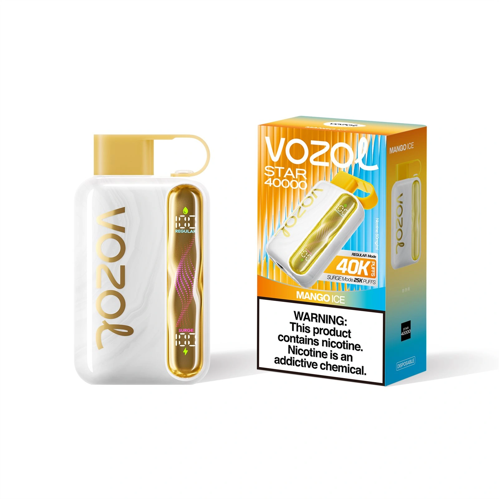 Vozol Star 40K disposable vape in Mango Ice flavor, showing the smart power mode device and box
