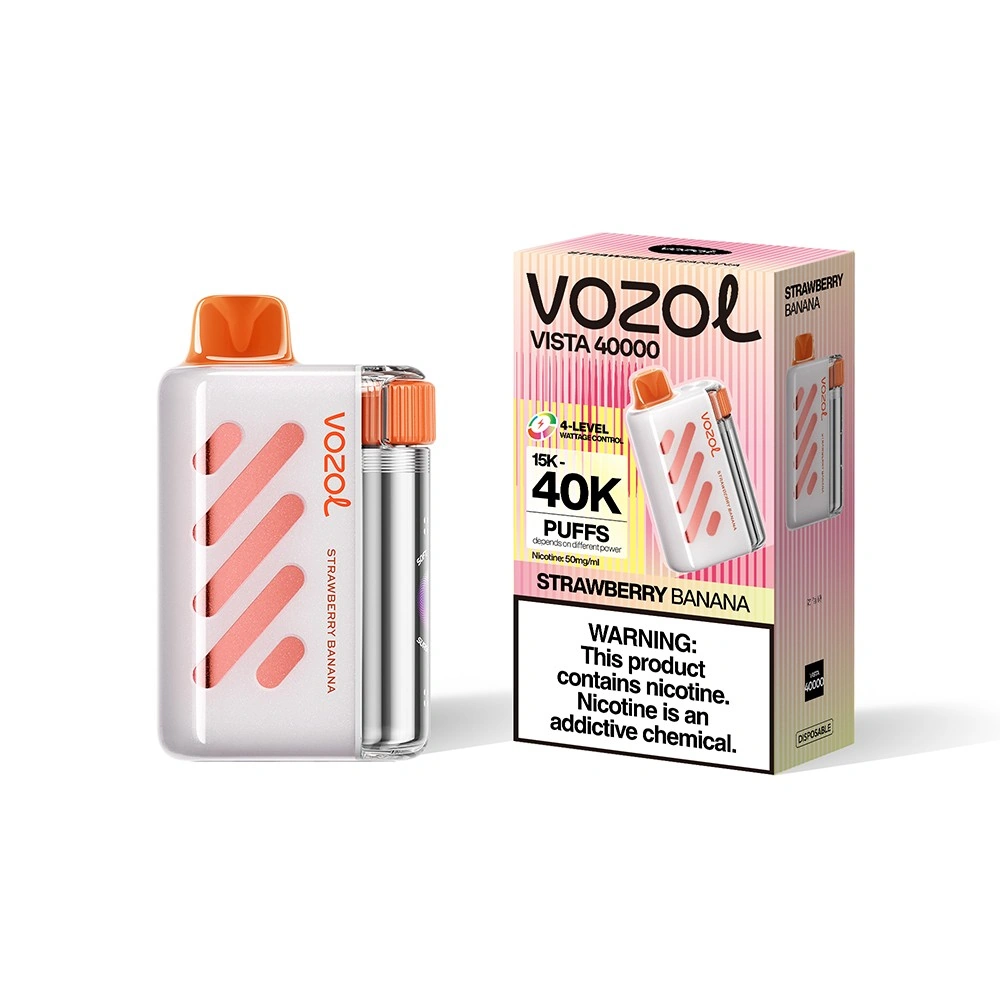 Vozol Vista 40K disposable vape in Strawberry Banana flavor, showing the device and retail box design