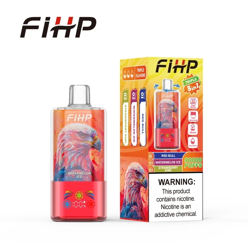 FIHP 90K 3-in-1 disposable vape in Blueberry Ice Strawberry Melon Lemon Lime flavor, showing the device design and product presentation