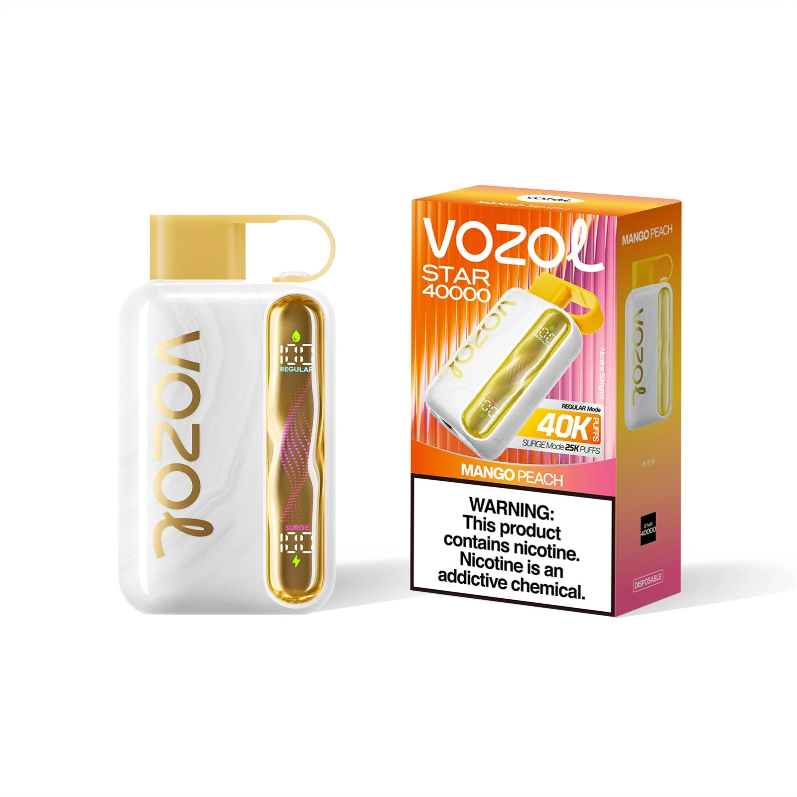 Vozol Star 40K disposable vape in Mango Peach flavor, showing the device and retail package artwork