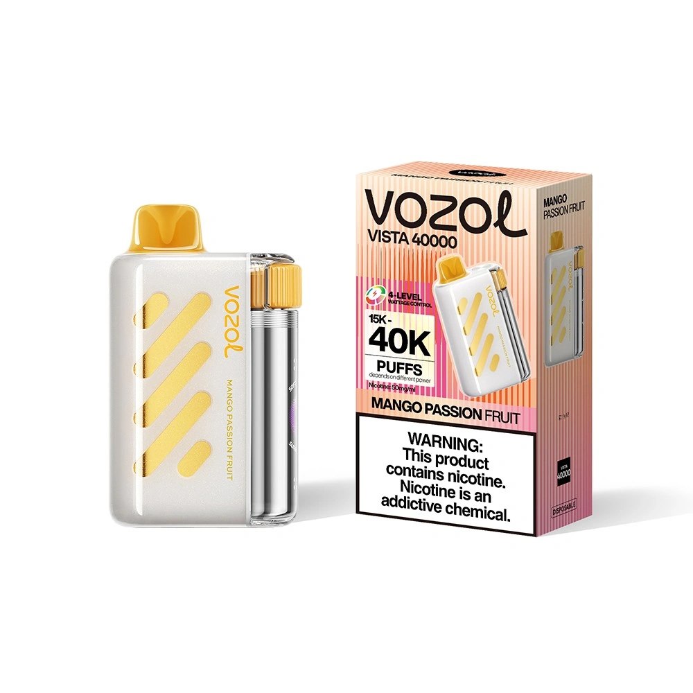Vozol Vista 40K disposable vape in Mango Passion Fruit flavor, showing the device and retail package