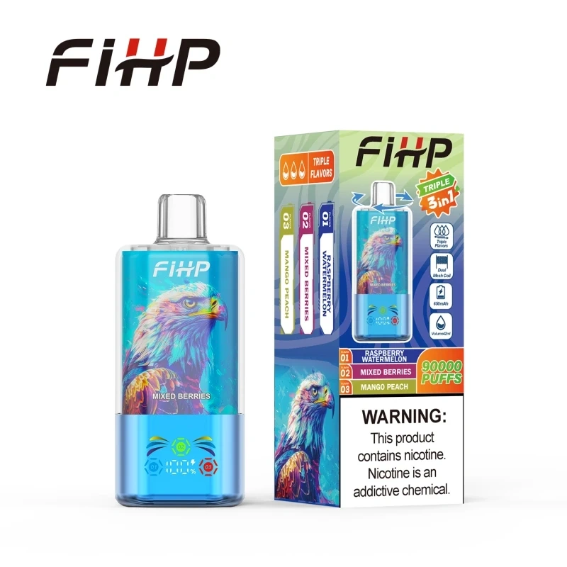 FIHP 90K 3-in-1 disposable vape in Raspberry Melon Mixed Berries Mango Peach flavor, showing the device design and product presentation