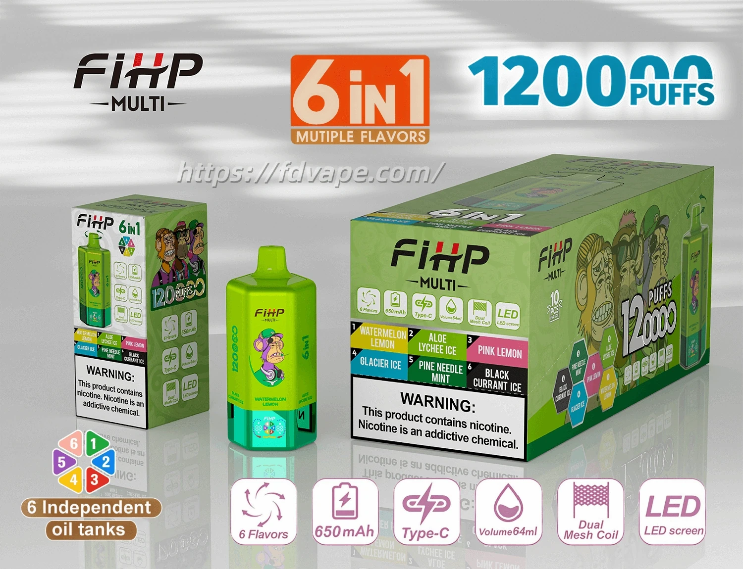 FIHP MULTI 120K 6-in-1 disposable vape product image showing the device with matching retail packaging