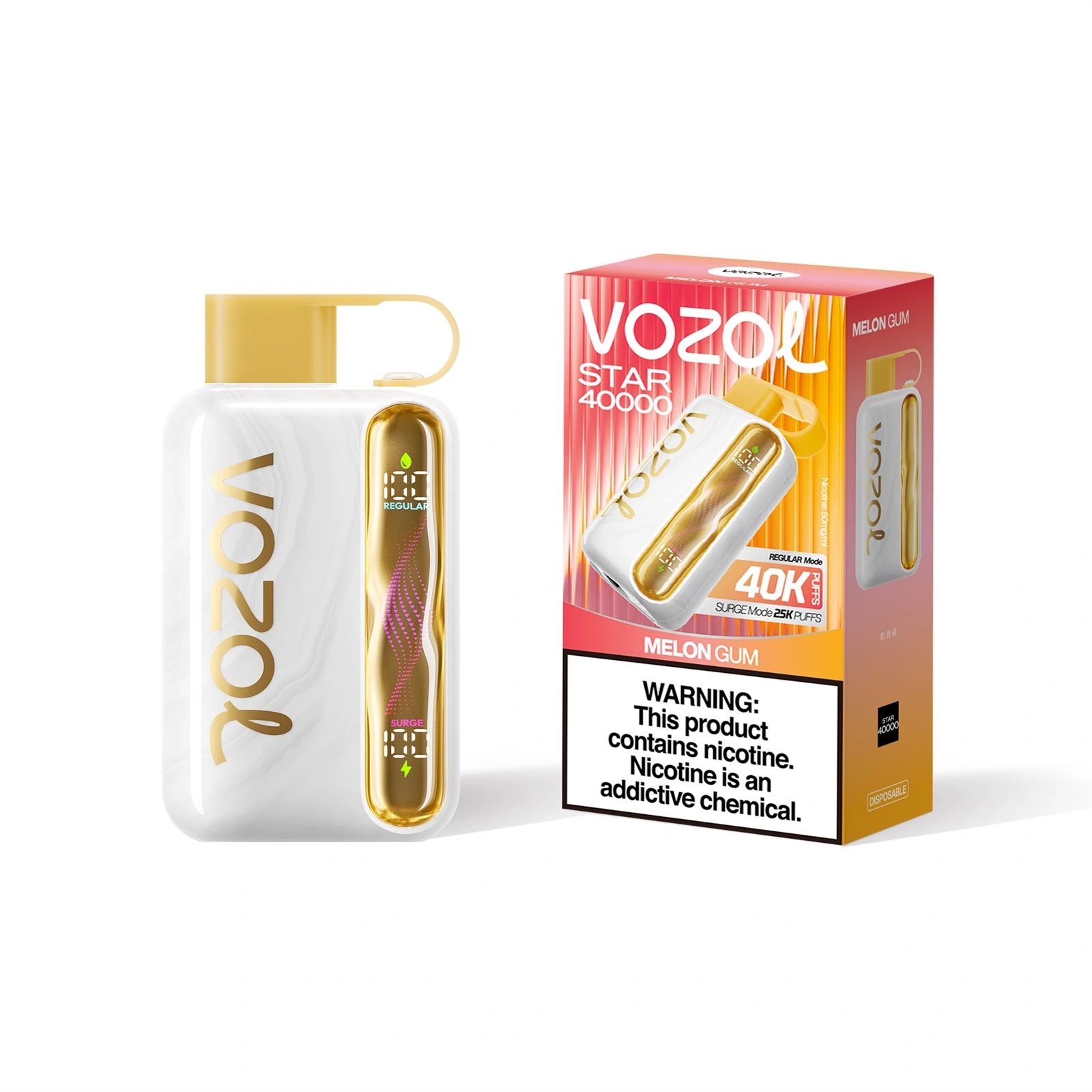 Vozol Star 40K disposable vape in Melon Gum flavor, showing the device body and matching package design