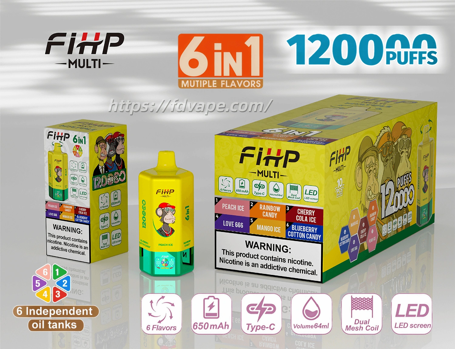 FIHP MULTI 120K 6-in-1 disposable vape product image showing the device with matching retail packaging