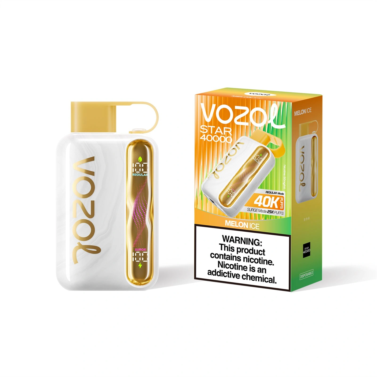 Vozol Star 40K disposable vape in Melon Ice flavor, showing the device and retail package design
