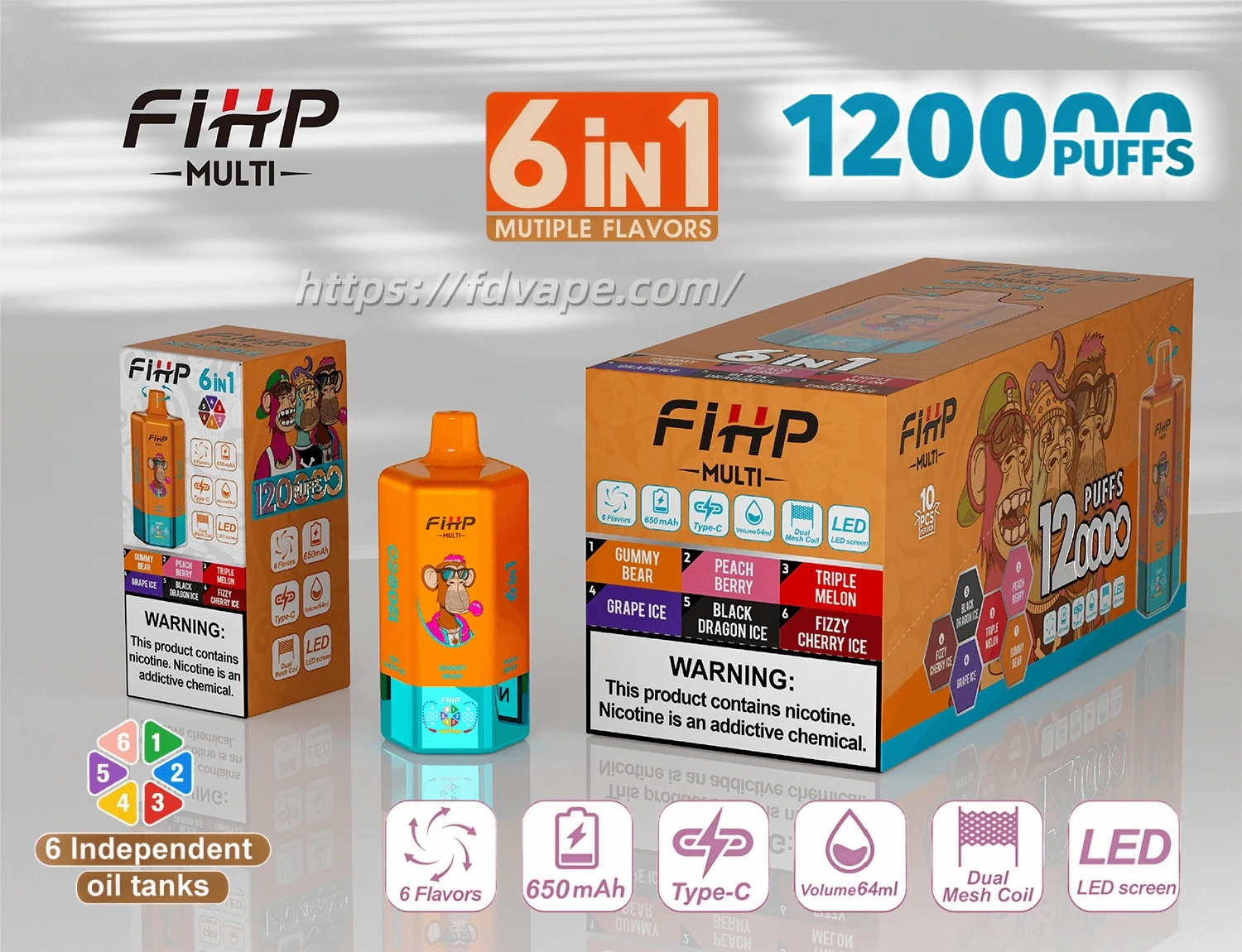 FIHP MULTI 120K 6-in-1 disposable vape flavor lineup image showing available device colors and product range