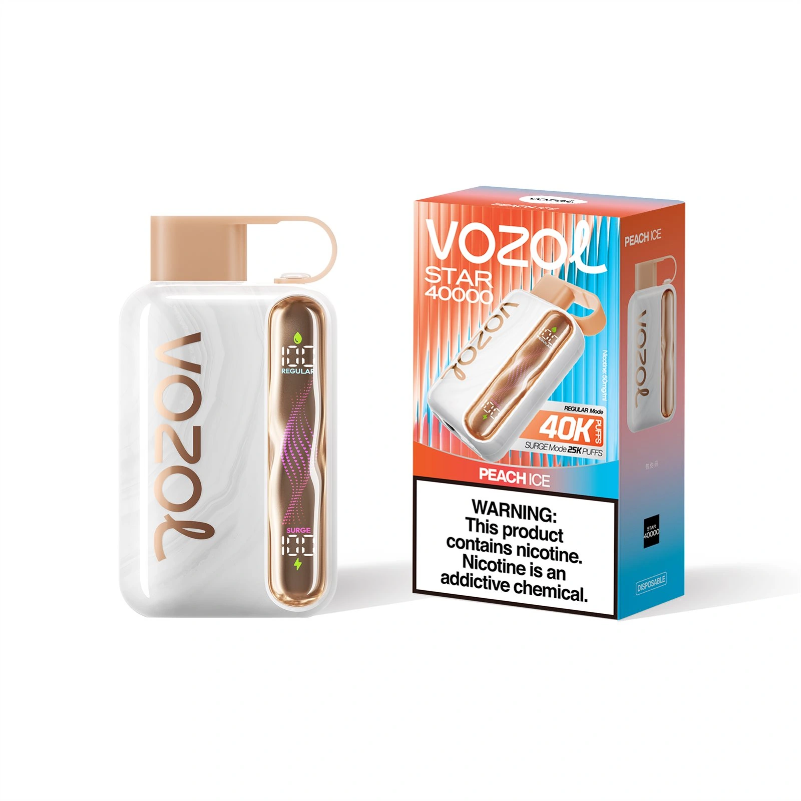 Vozol Star 40K disposable vape in Peach Ice flavor, showing the device beside the product package