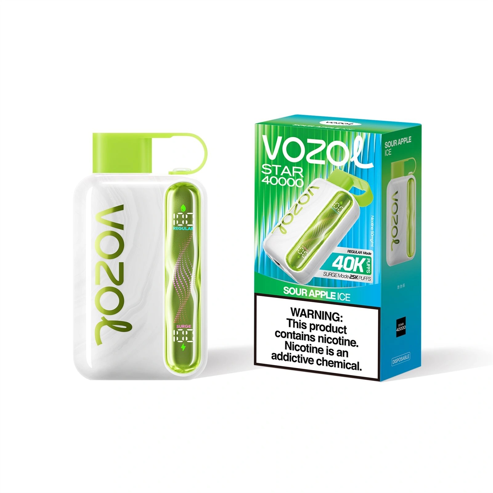 Vozol Star 40K disposable vape in Sour Apple Ice flavor, showing the device and matching box artwork