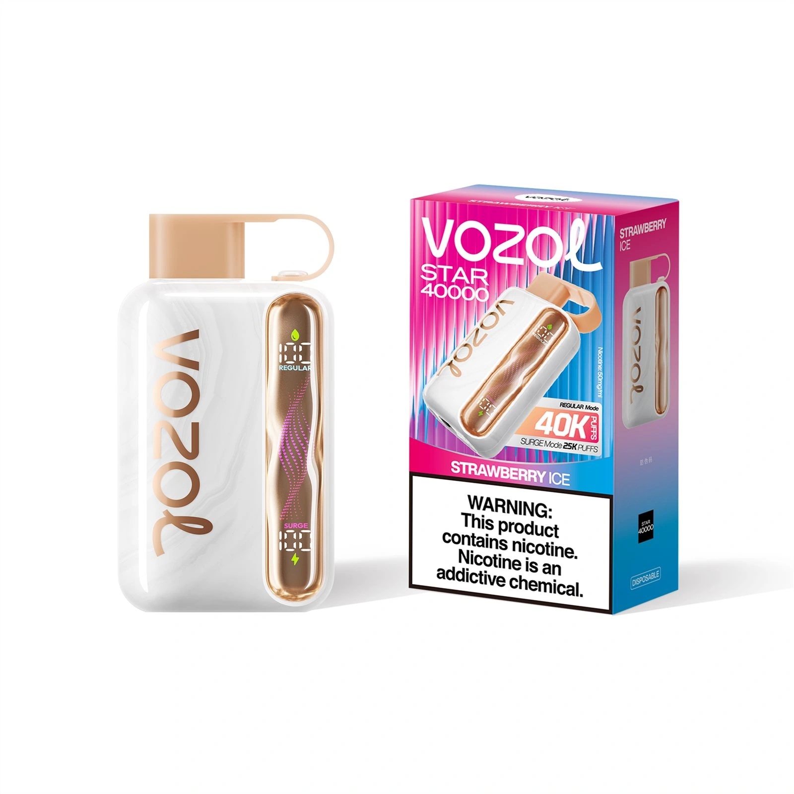 Vozol Star 40K disposable vape in Strawberry Ice flavor, showing the device body and retail package