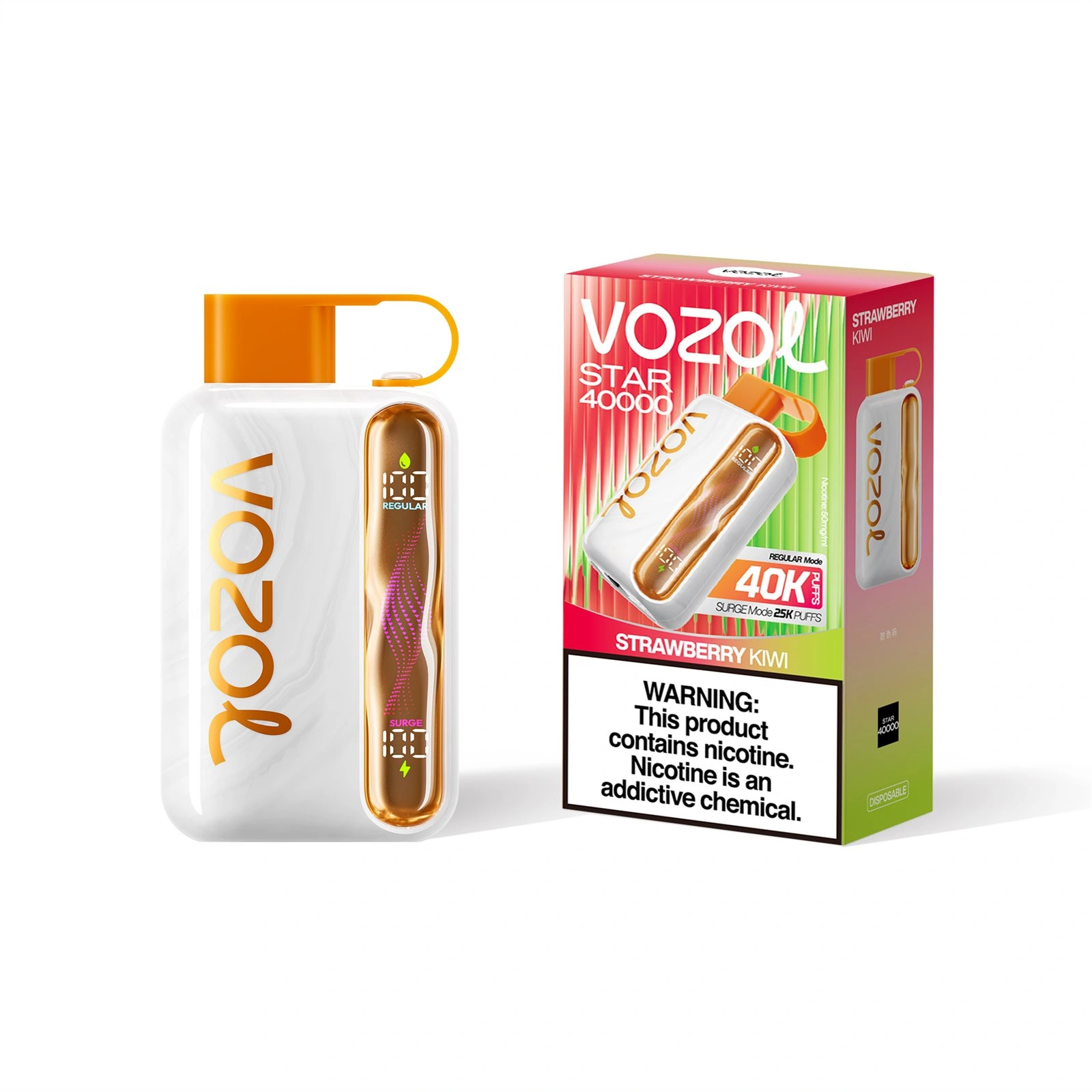 Vozol Star 40K disposable vape in Strawberry Kiwi flavor, showing the device and retail package design