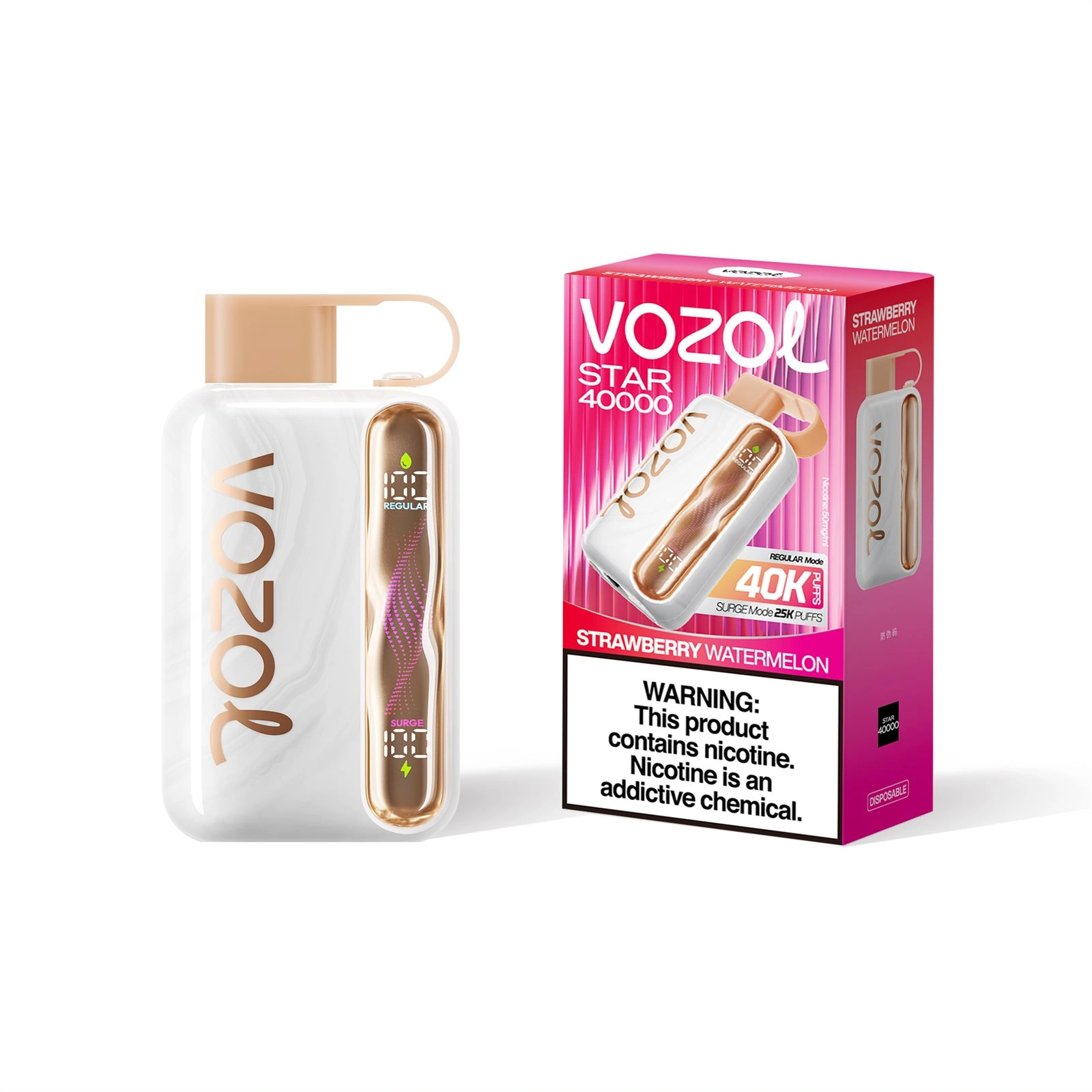 Vozol Star 40K disposable vape in Strawberry Watermelon flavor, showing the device and box artwork
