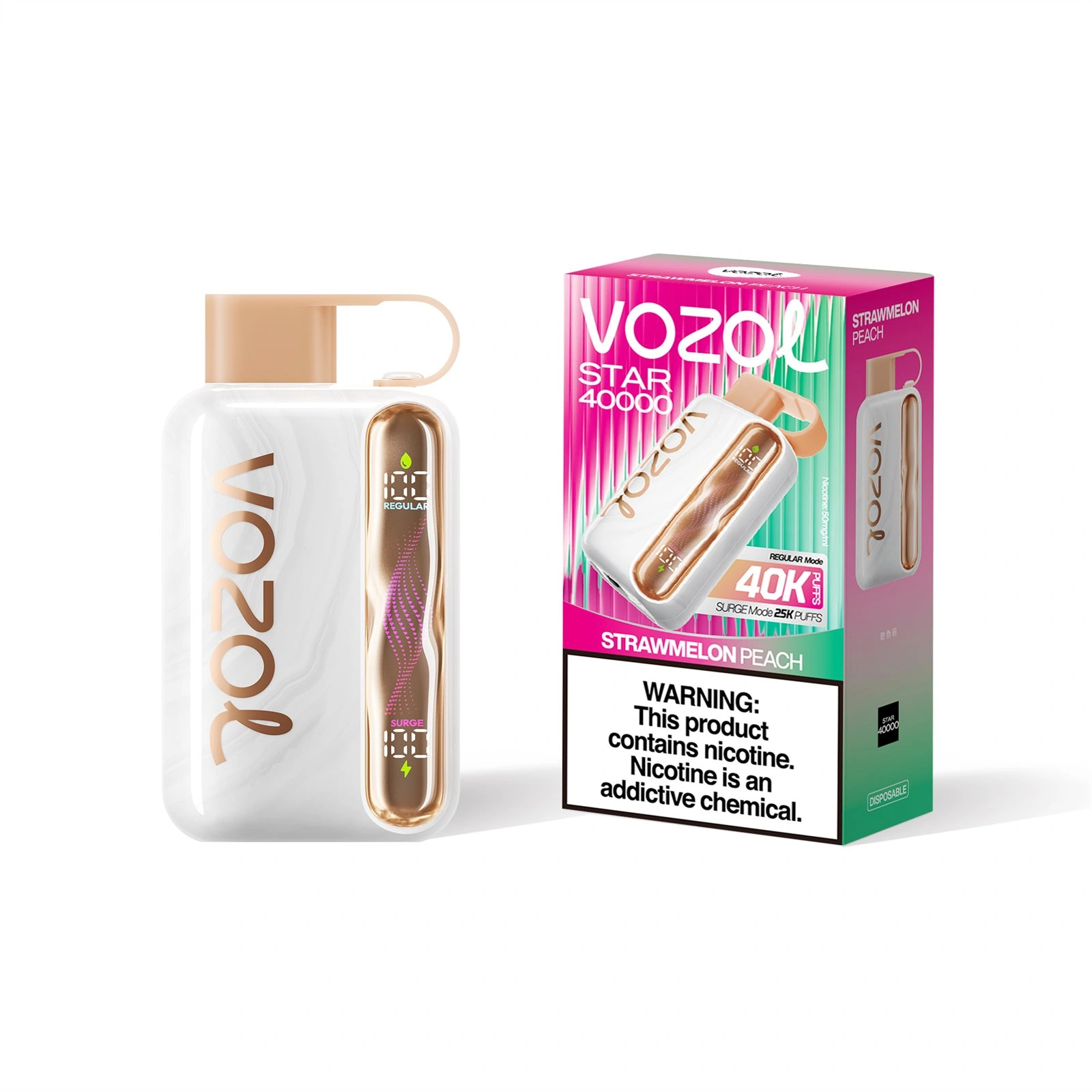Vozol Star 40K disposable vape in Strawmelon Peach flavor, showing the device and retail package