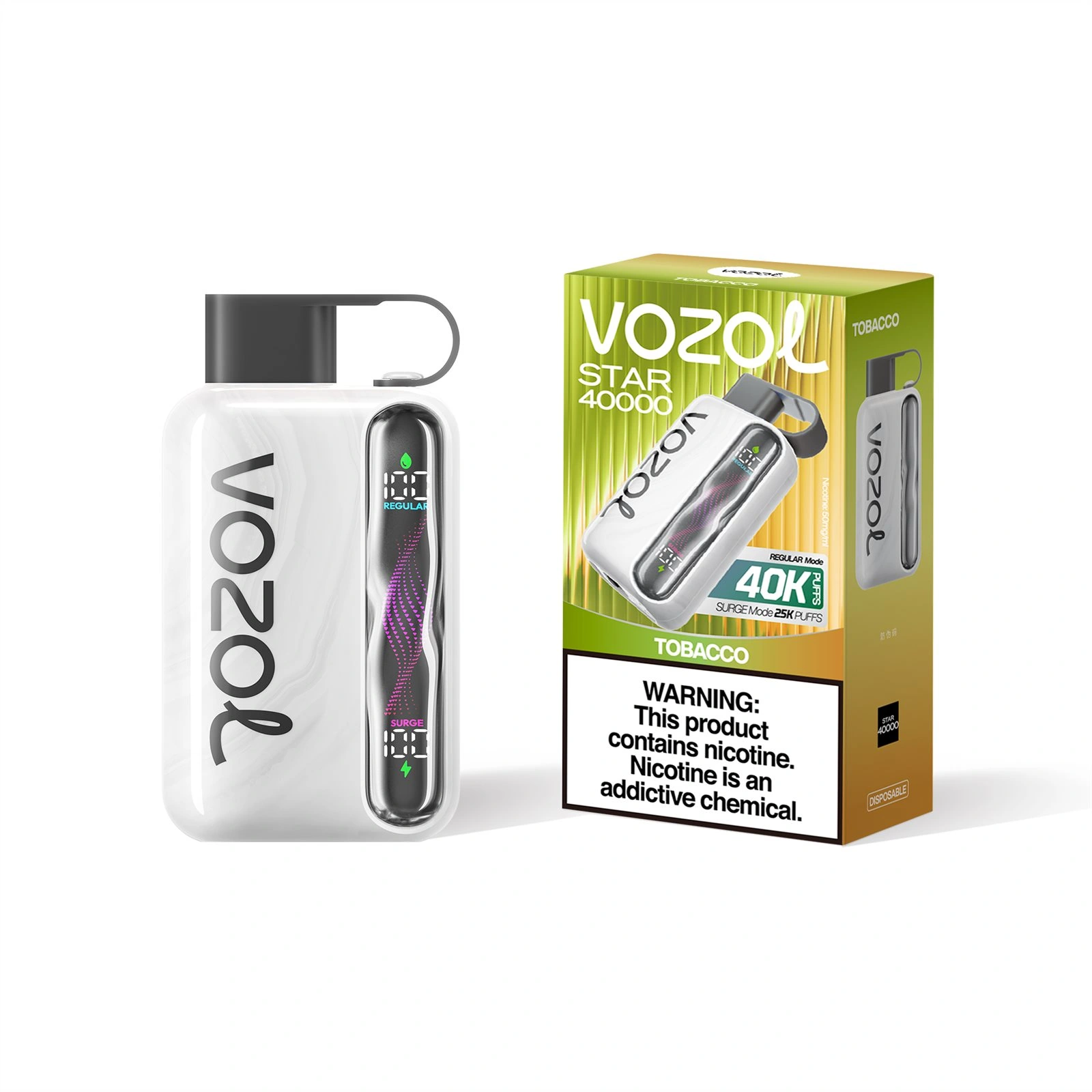 Vozol Star 40K disposable vape in Tobacco flavor, showing the device body and matching retail package