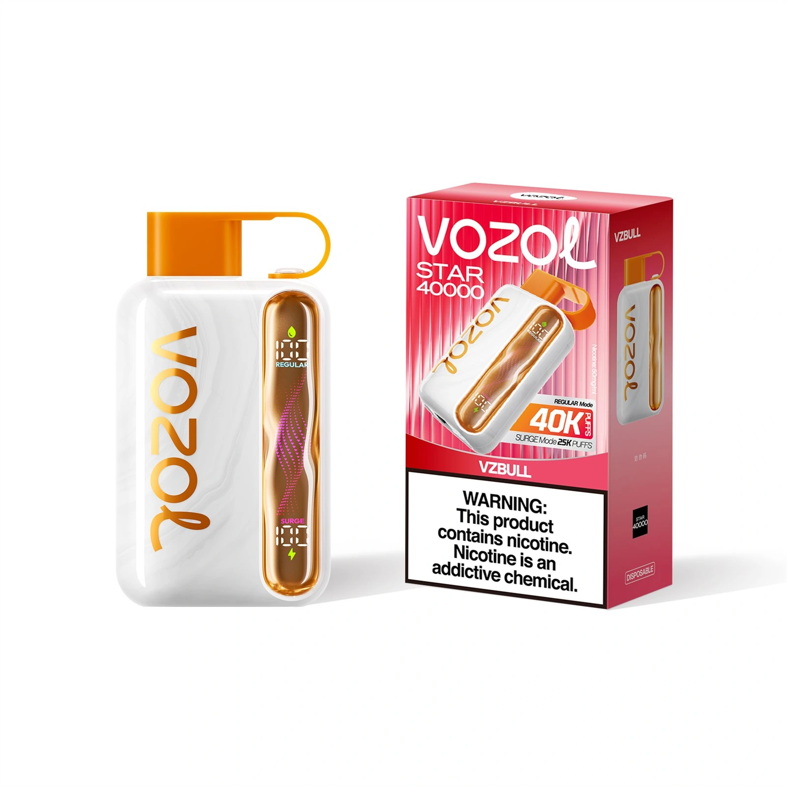 Vozol Star 40K disposable vape in VZBULL flavor, showing the device and retail package artwork