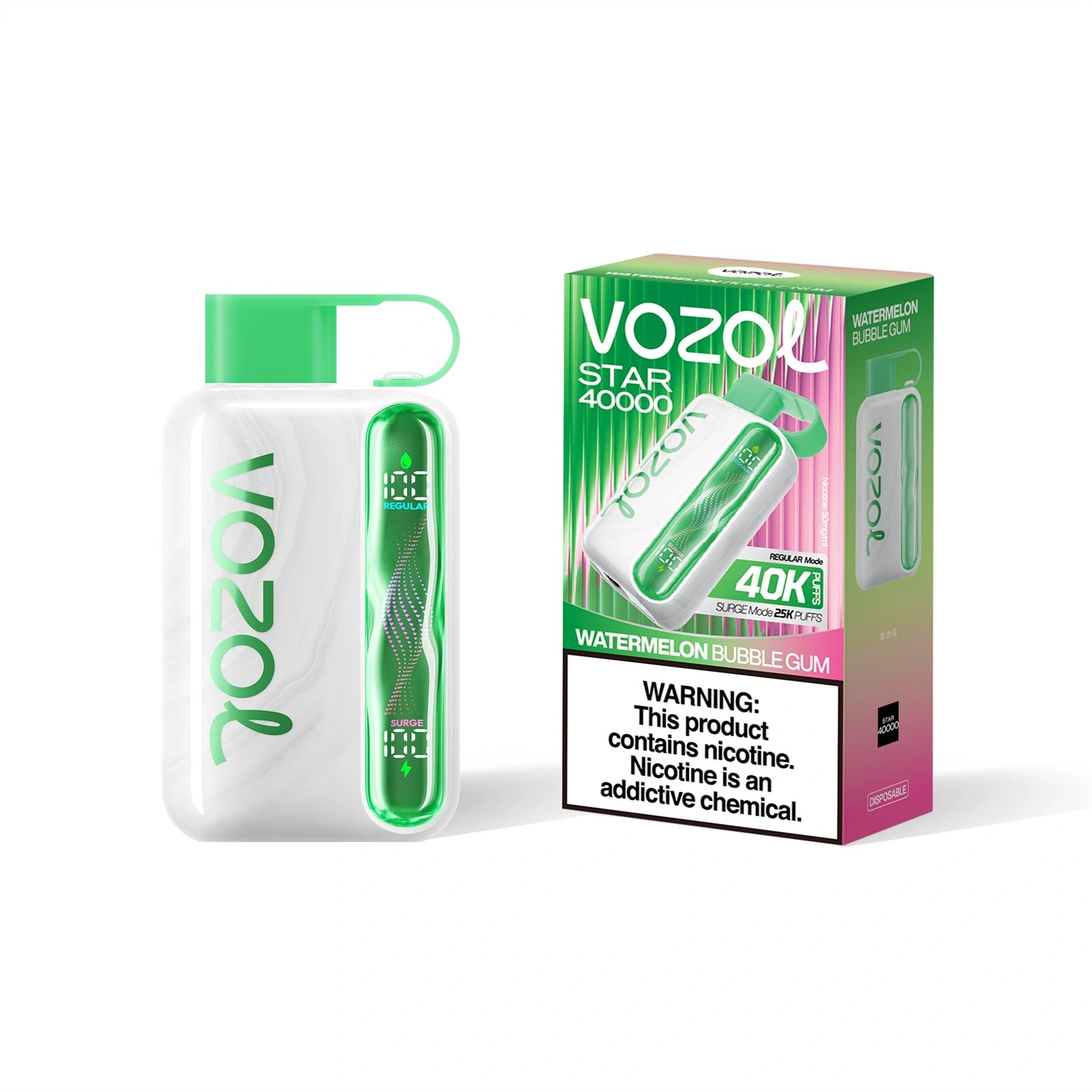 Vozol Star 40K disposable vape in Watermelon Bubblegum flavor, showing the device and product box