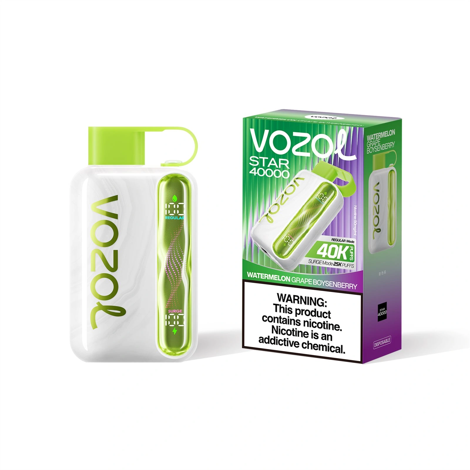 Vozol Star 40K disposable vape in Watermelon Grape Boysenberry flavor with device and retail package