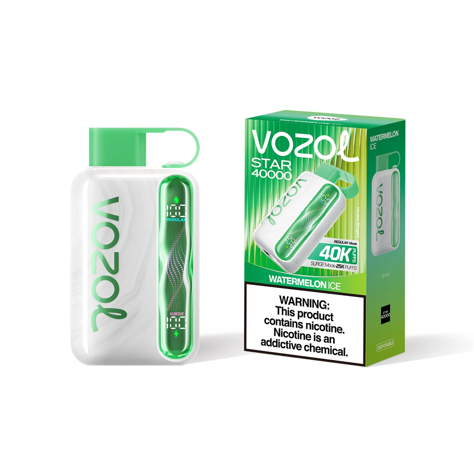 Vozol Star 40K disposable vape in Watermelon Ice flavor, showing the device and matching product box