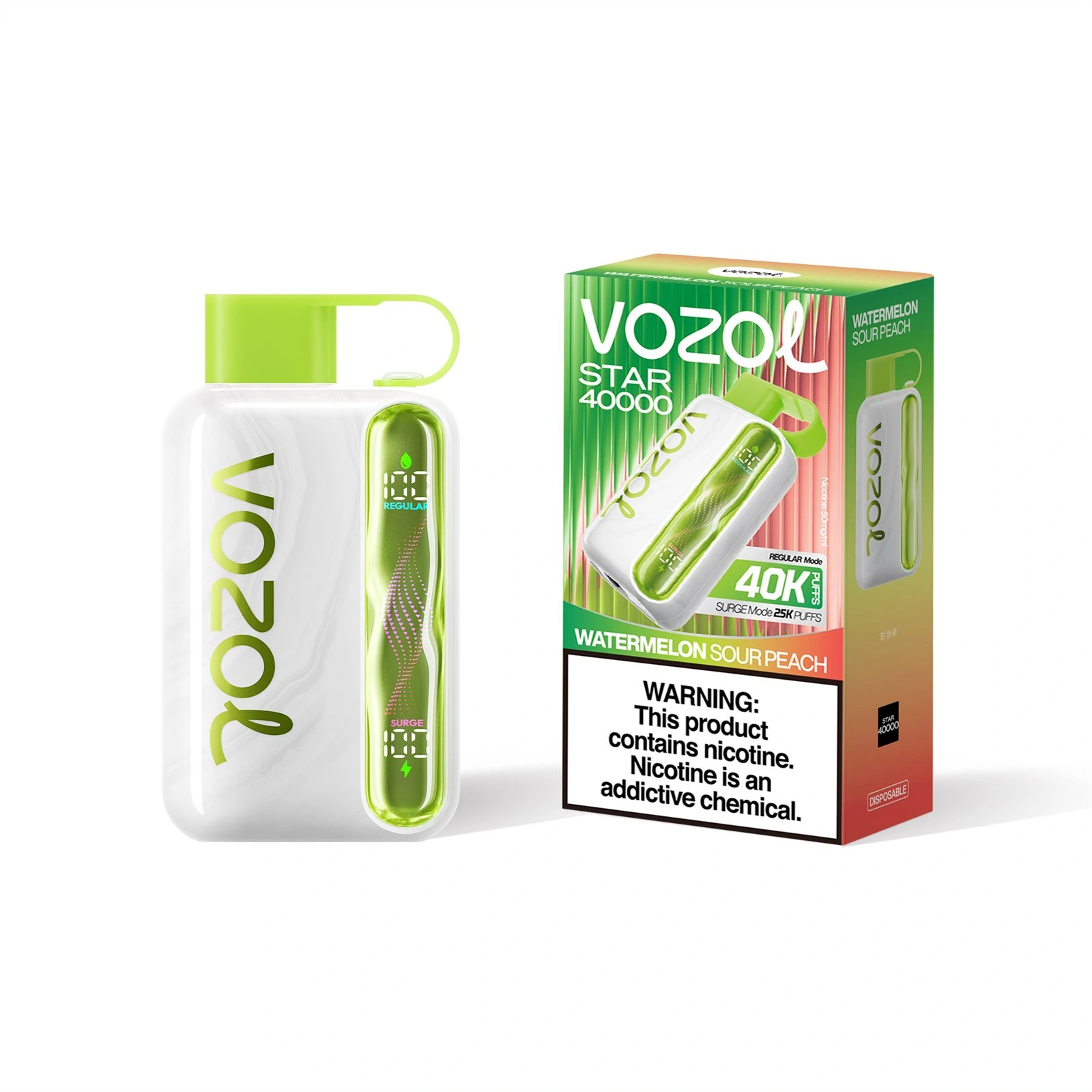 Vozol Star 40K disposable vape in Watermelon Sour Peach flavor, showing the device and package artwork