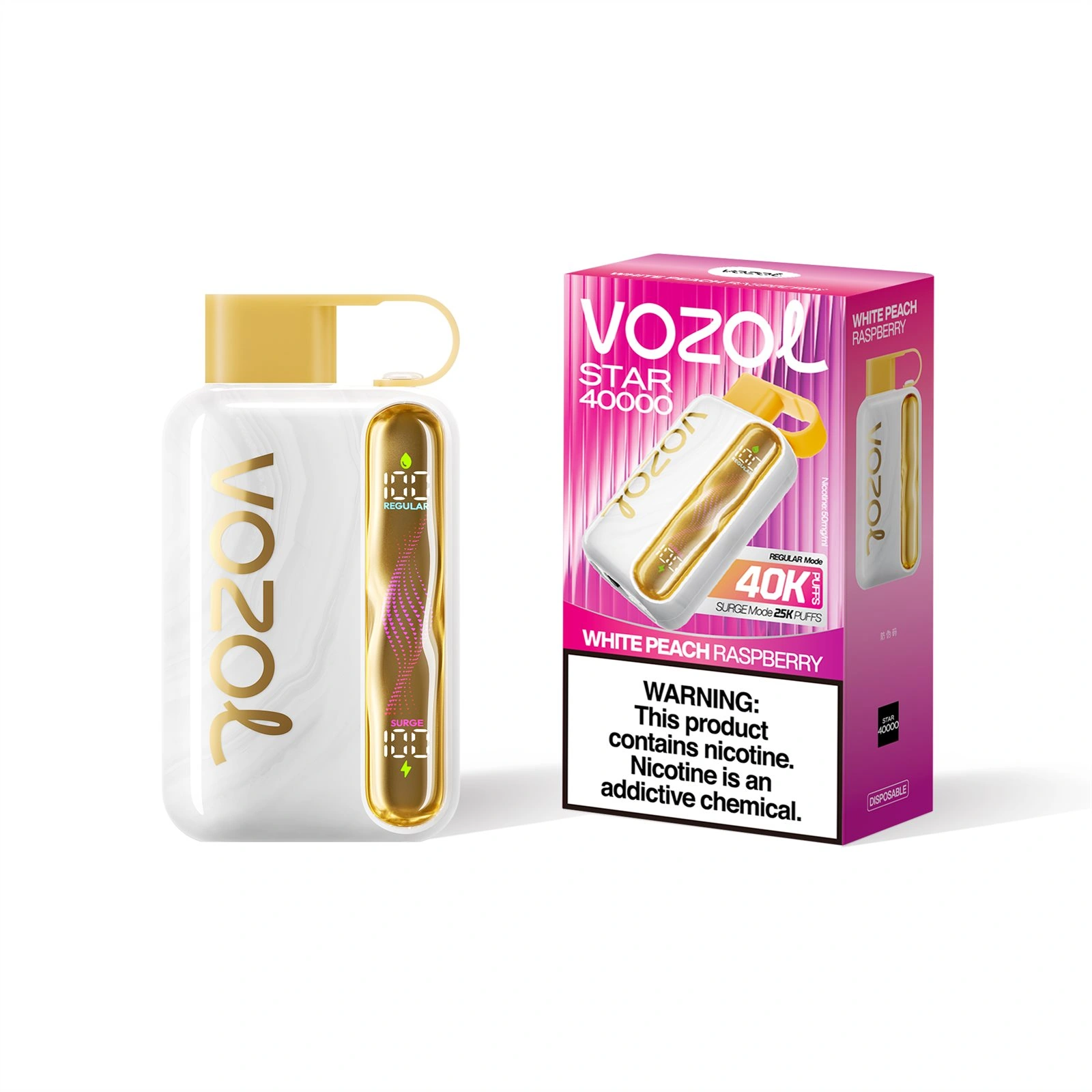 Vozol Star 40K disposable vape in White Peach Raspberry flavor, showing the device and retail package