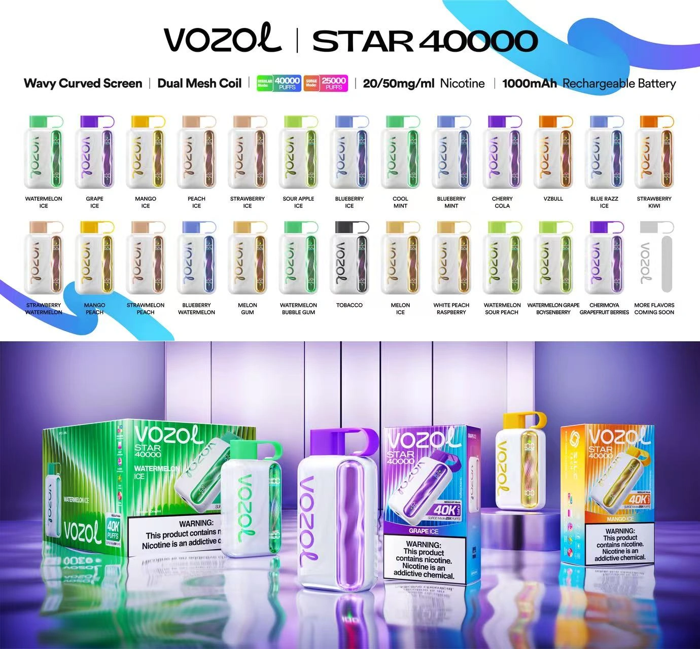 Vozol Star 40K disposable vape gallery overview image showing the rechargeable device and package range