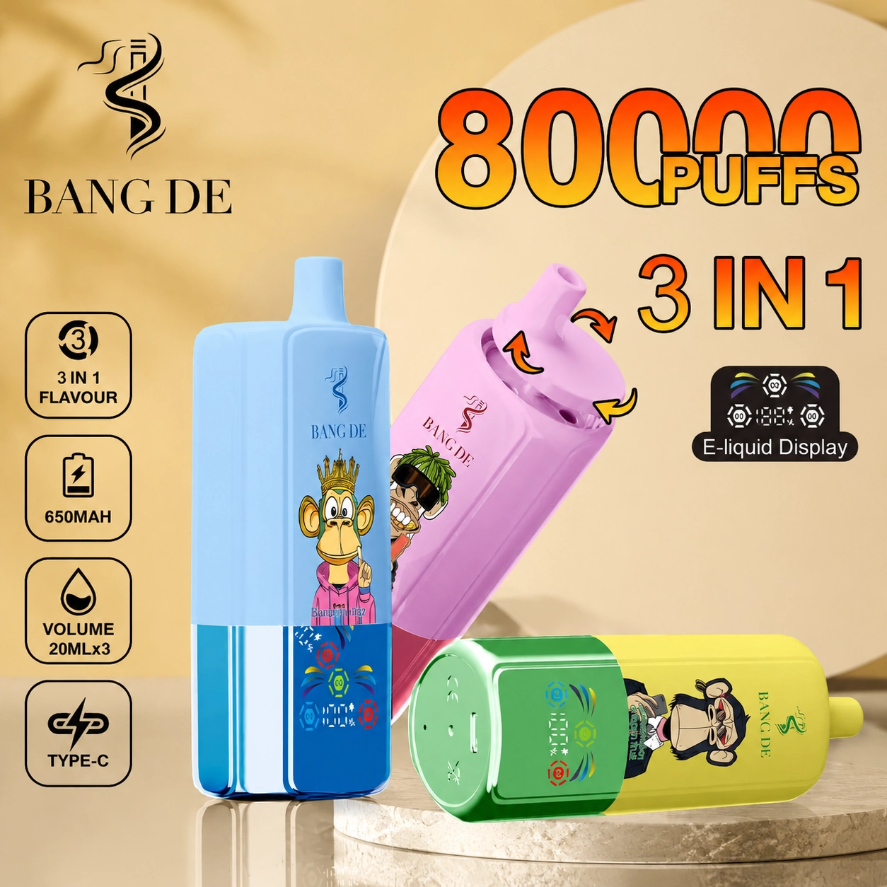 Bang DE 80K 3-in-1 flavor disposable vape with branded device and packaging shown in gallery view 1
