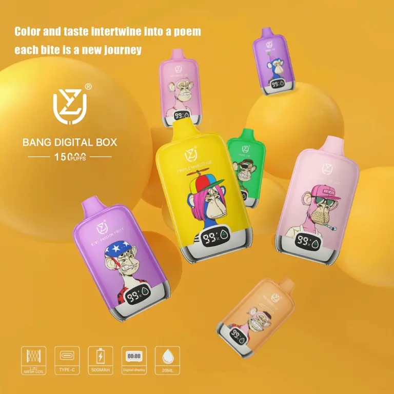 Uzy Bang Digital 15K Puffs Disposable Vape hero presentation showing the featured device design and display in the official product artwork.