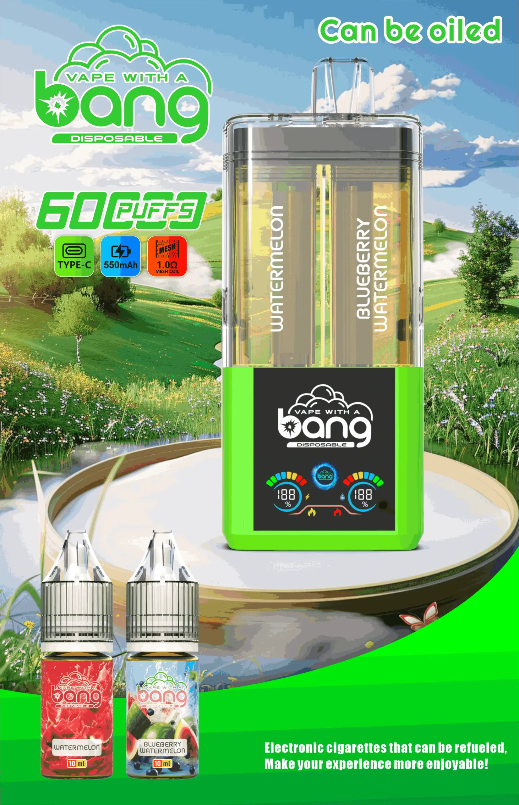 Bang 60K Refillable 2 in 1 02 60k watermelon blueberry watermelon vape flavor design with device artwork and matching product packaging.