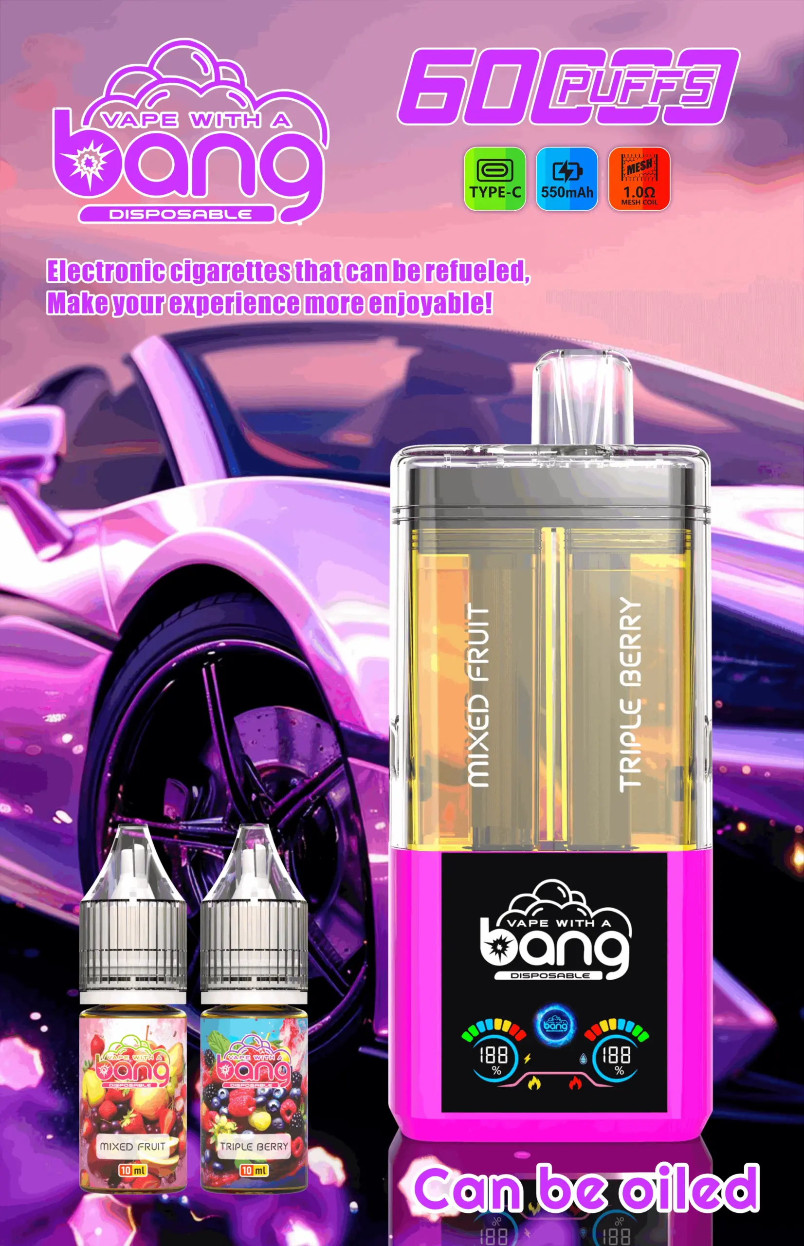 Bang 60K Refillable 2 in 1 03 60k mixed fruit triple berry vape flavor design with device artwork and matching product packaging.