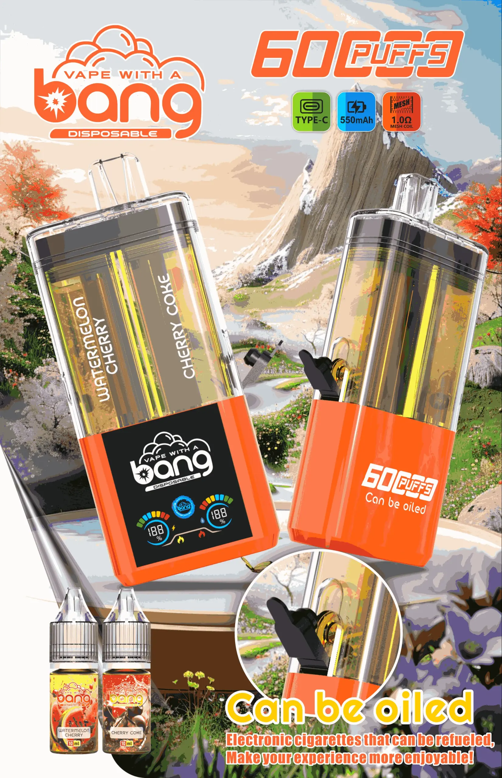 Bang 60K Refillable 2 in 1 05 60k blueberry ice blueberry raspberry vape flavor design with device artwork and matching product packaging.