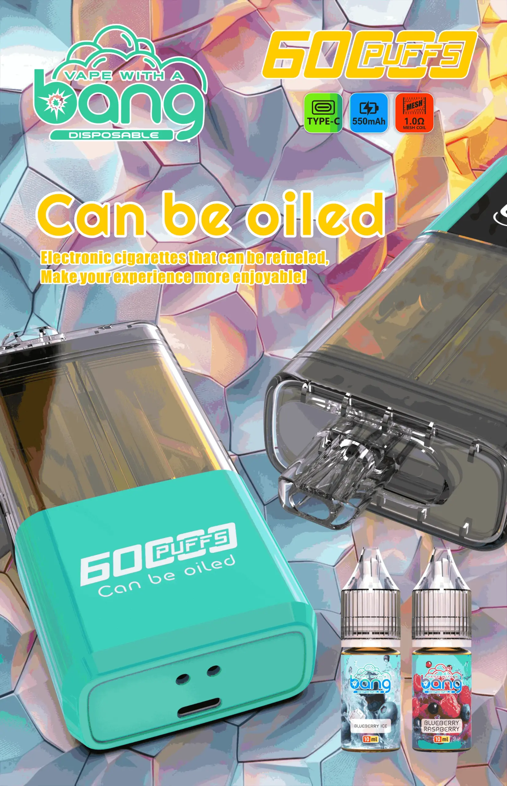 Bang 60K Refillable 2 in 1 07 60k blueberry ice blueberry mint vape flavor design with device artwork and matching product packaging.