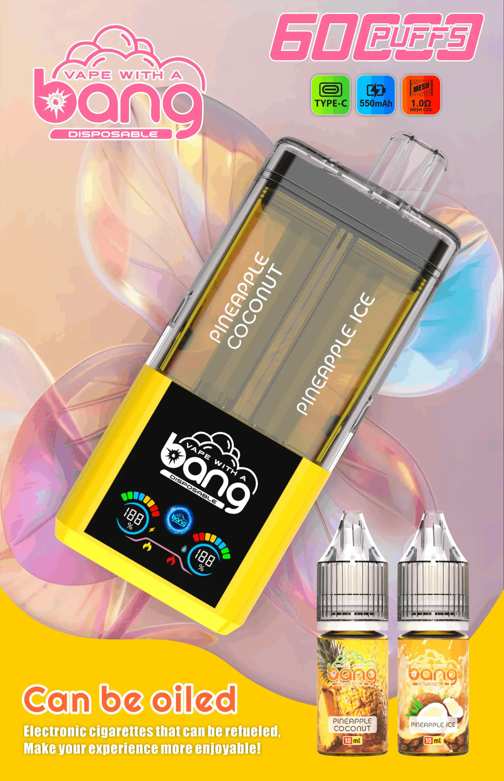 Bang 60K Refillable 2 in 1 08 60k pineapple coconut pineapple ice vape flavor design with device artwork and matching product packaging.