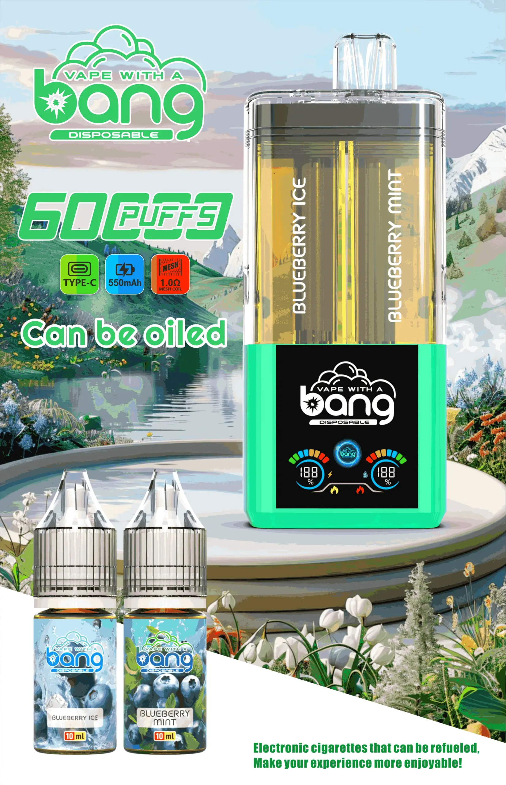 Bang 60K Refillable 2 in 1 09 60k energy drink watermelon ice vape flavor design with device artwork and matching product packaging.