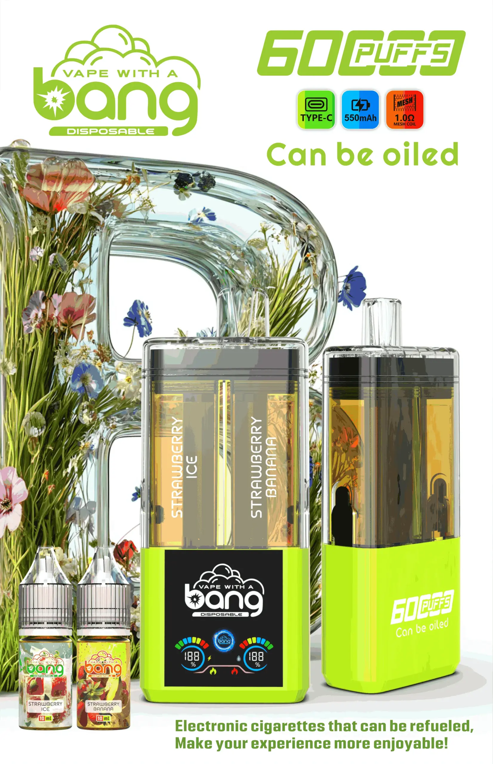 Bang 60K Refillable 2 in 1 10 60k grape ice blueberry grape vape flavor design with device artwork and matching product packaging.