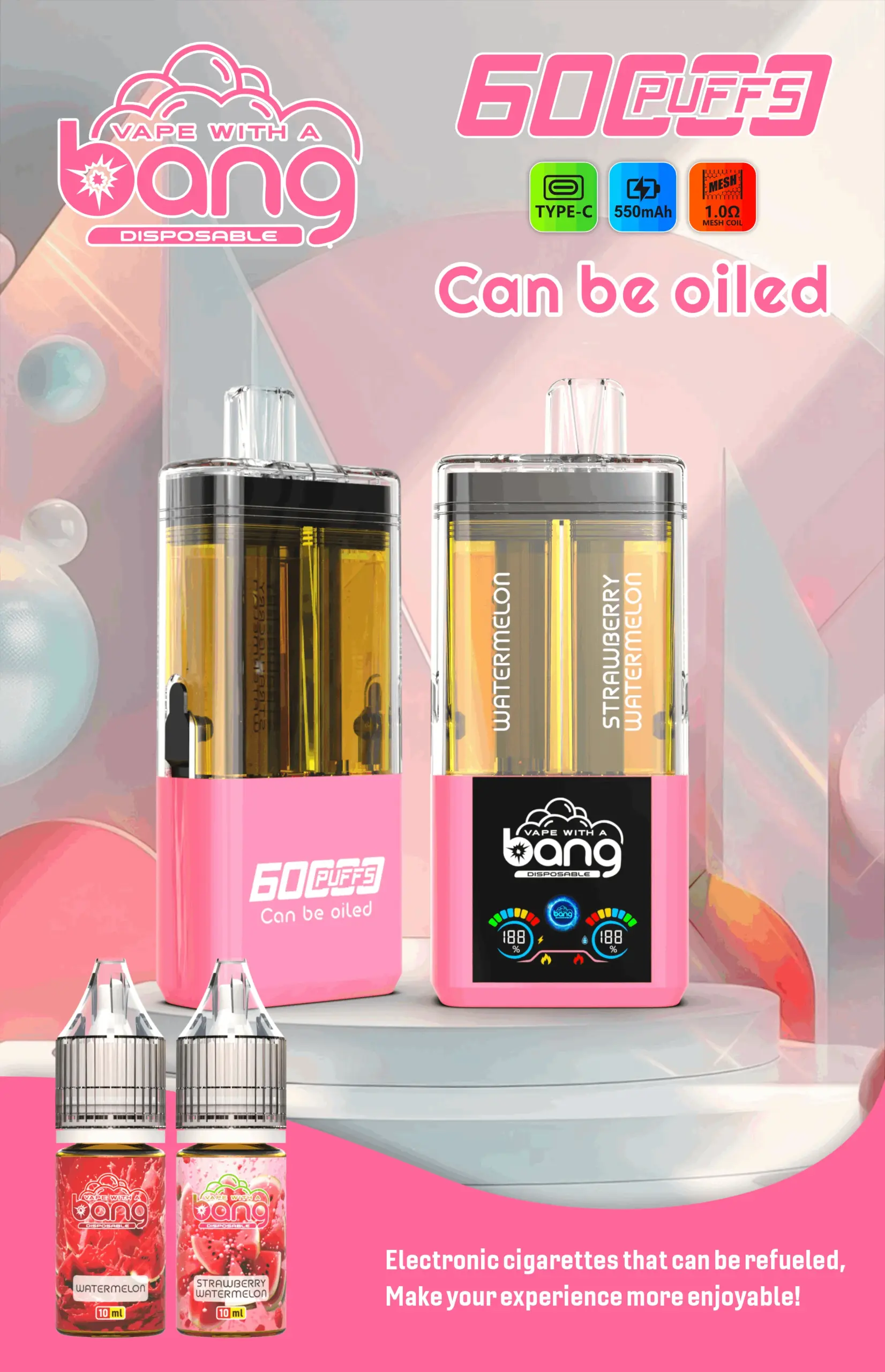 Bang 60K Refillable 2 in 1 11 60k watermelon strawberry watermelon vape flavor design with device artwork and matching product packaging.