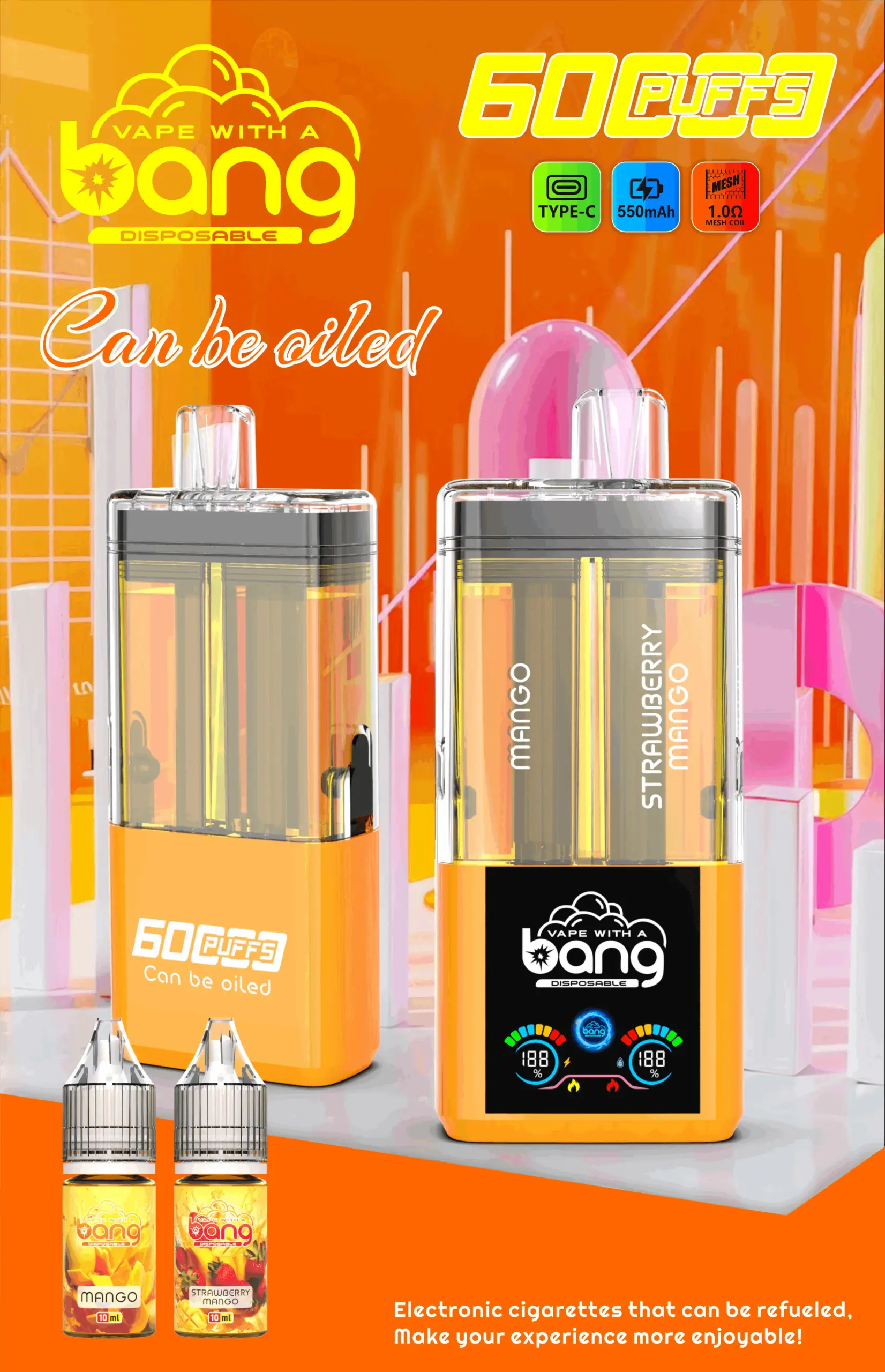 Bang 60K Refillable 2 in 1 12 60k mango strawberry mango vape flavor design with device artwork and matching product packaging.