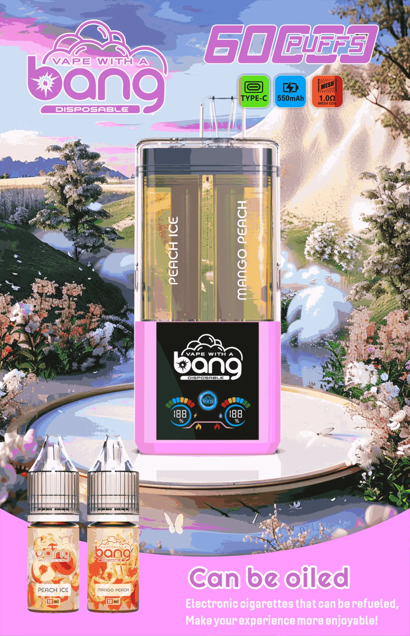 Bang 60K Refillable 2 in 1 13 60k peach ice mango peach vape flavor design with device artwork and matching product packaging.