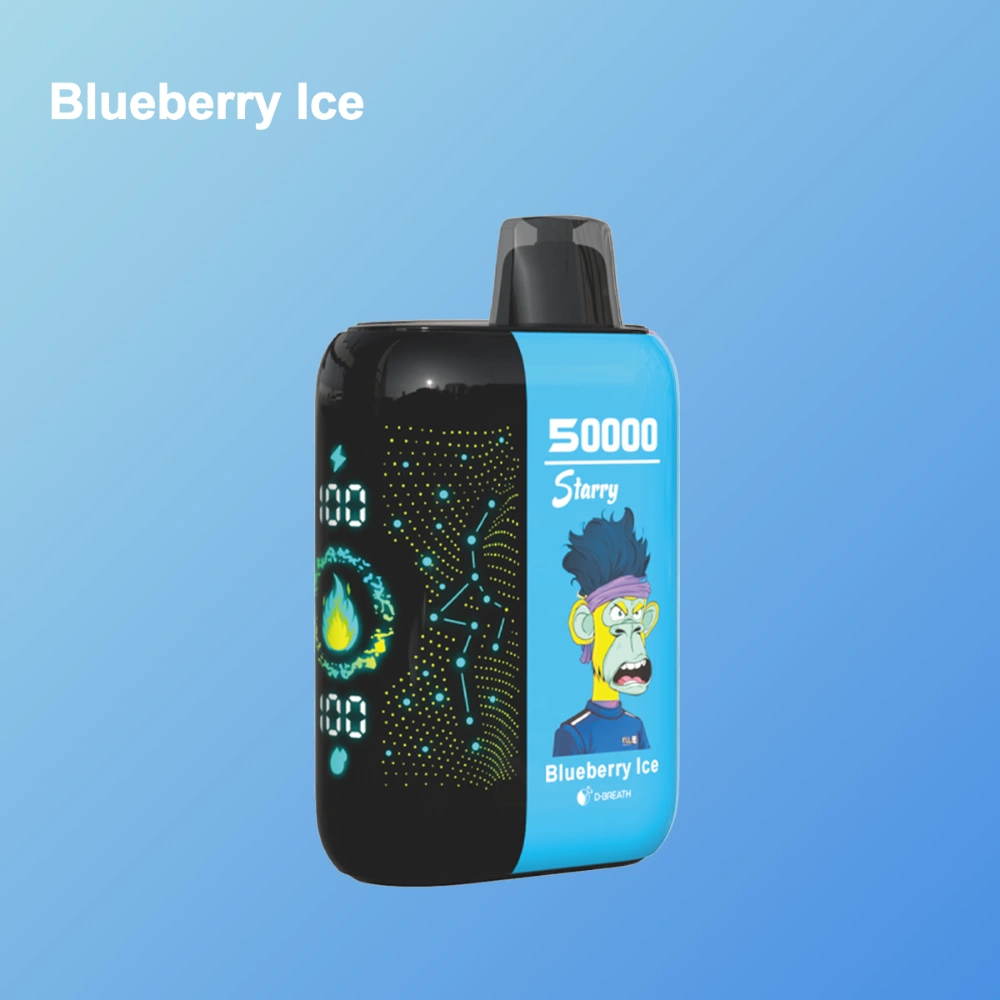 Bang Blaze 50K disposable vape in Blueberry Ice flavor design with matching product artwork for the vape device.