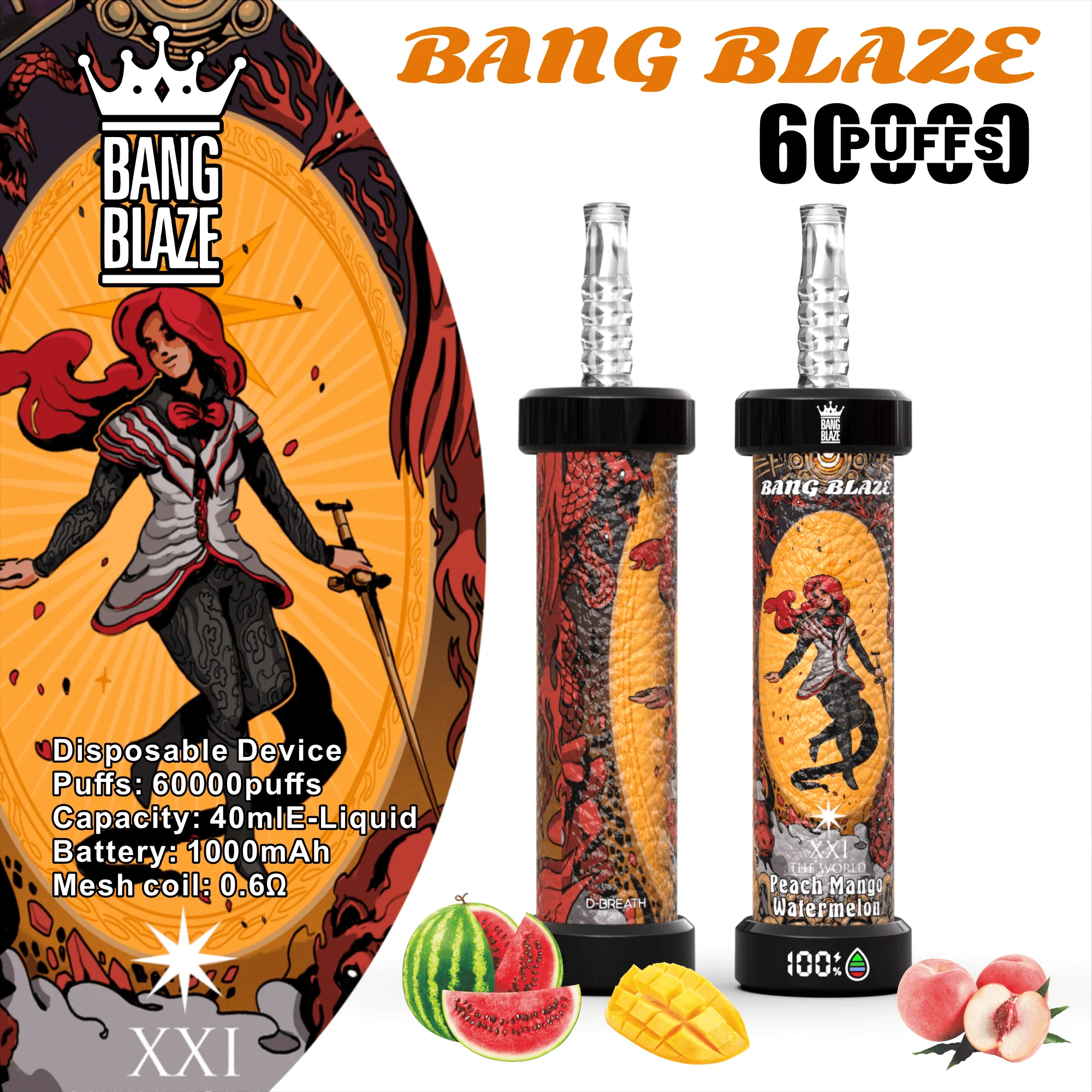 Bang Blaze 60000 08 blaze 60k 6 1 vape flavor design with device artwork and matching product packaging.