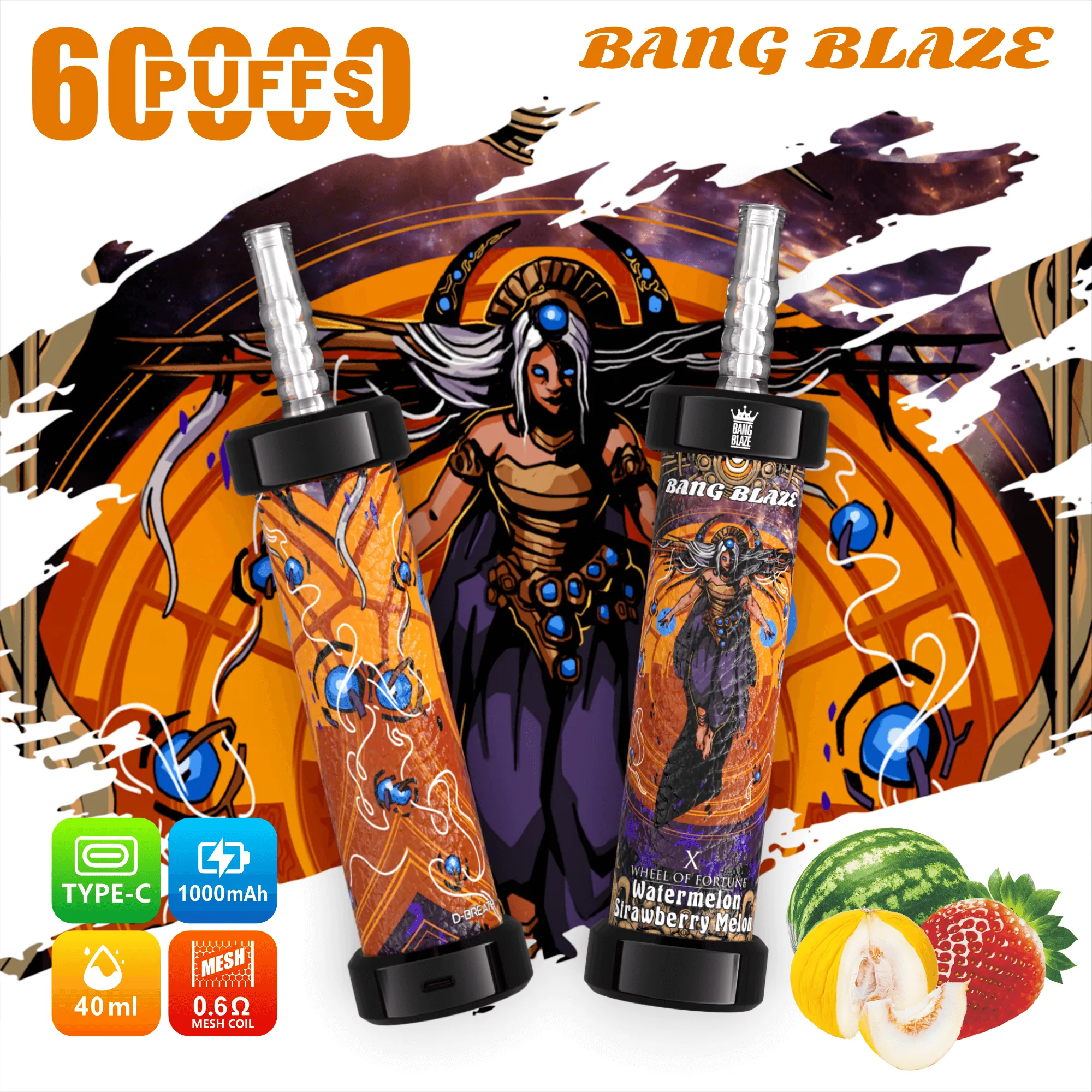 Bang Blaze 60000 09 blaze 60k 7 1 vape flavor design with device artwork and matching product packaging.