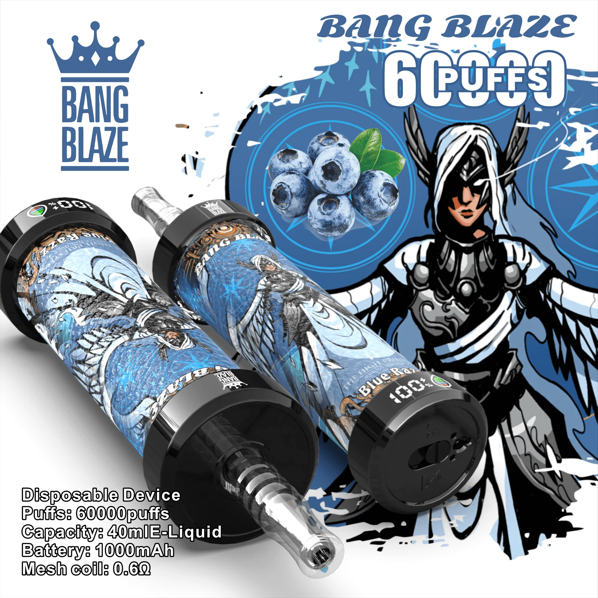 Bang Blaze 60000 10 blaze 60k 8 1 vape flavor design with device artwork and matching product packaging.