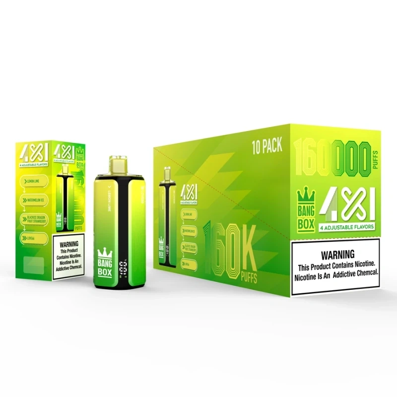 Bang Box 160K 4-in-1 vape with contrasting device colors and four-tank flavor switching layout