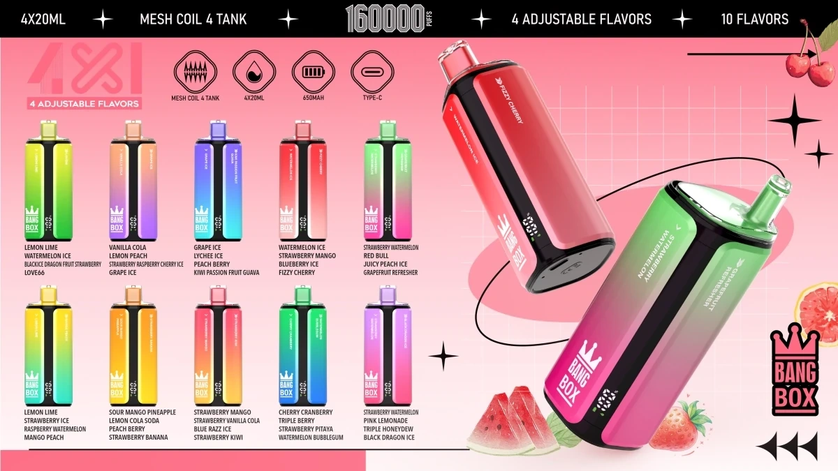 Bang Box 160K 4-in-1 vape shown with four flavor options and a compact rechargeable device design